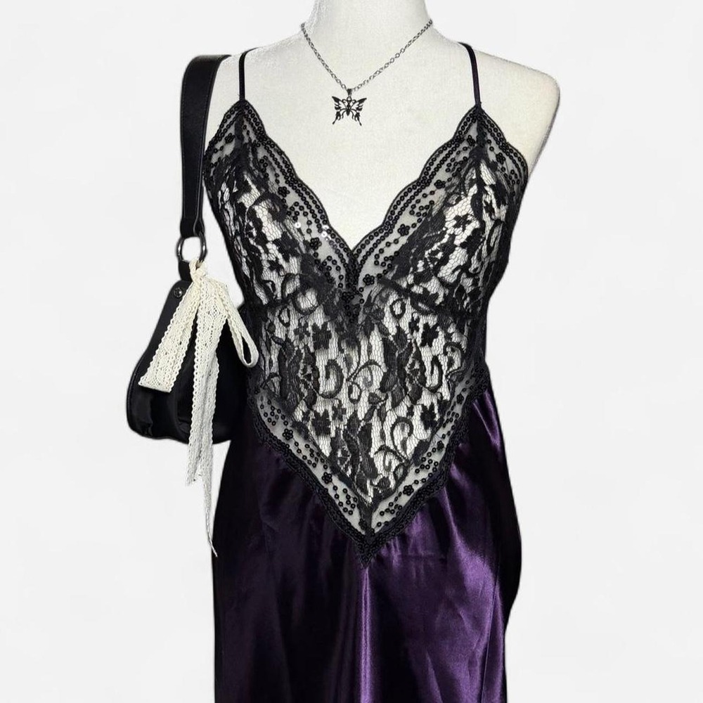 Dreamgirl Vintage Purple Satin Black Lace Maxi Slip Dress Sequin Backless M 8461
